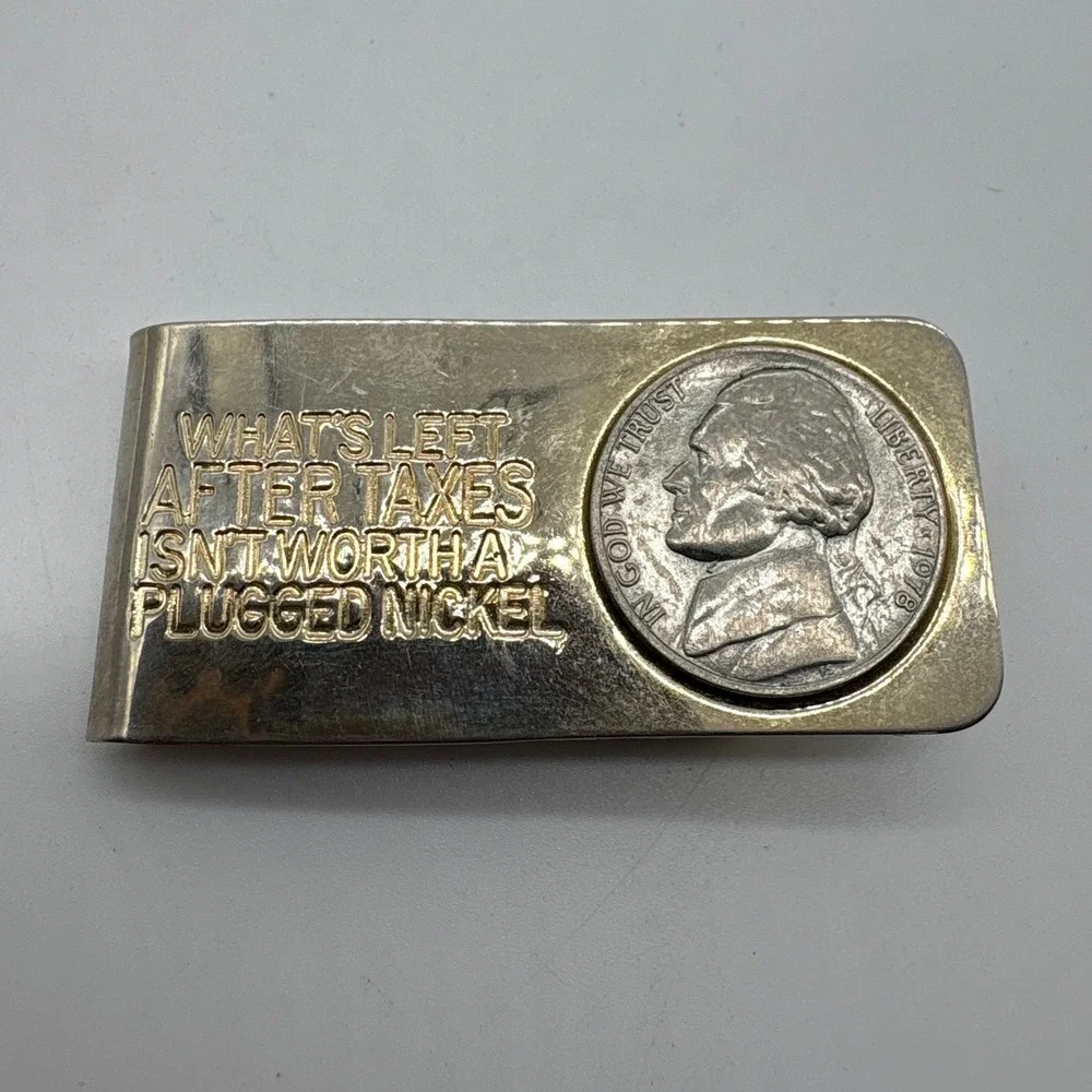 Vintage 1978 Jefferson Nickel Money Clip Gold Tone What's Left After Taxes